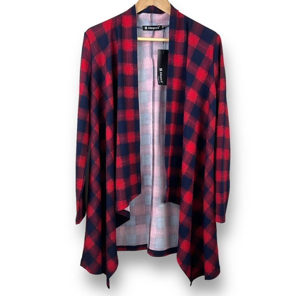 Allegra K Handkerchief Hem Open Front Red and Blue Plaid Cardigan NWT Size S